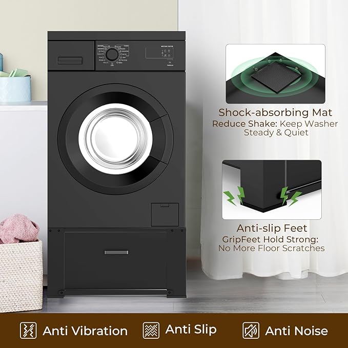 SKM Washer and Dryer Stand - 28" Laundry Pedestals for Washing Machine and Dryer with Top Panel, Heavy Duty Steel Pedestal Raiser, 14.2 Inches Height Elevation in Black