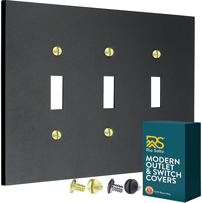 RIO SALTO Modern Metal Matte Black Triple Toggle Light Switch Cover Metal Decorative Toggle Switch Covers Wall Plate Outlet Cover Black Wall Electric Outlet Socket Triple Togle - Midsize 3 Gang