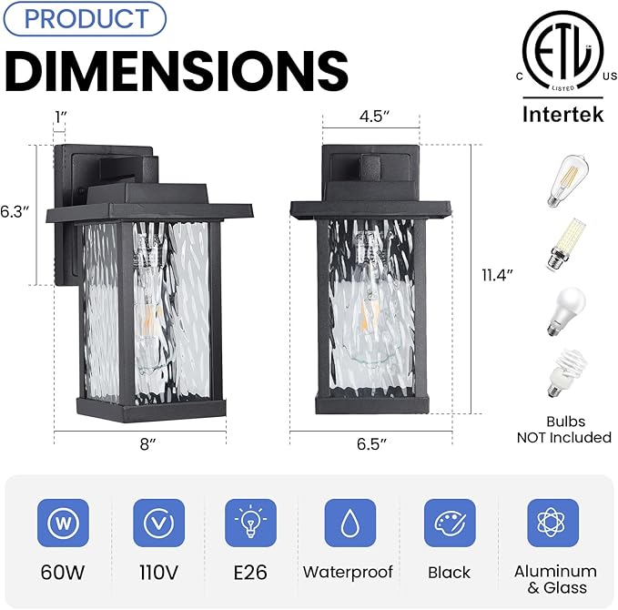 Outdoor Wall Sconce, Outside Porch Light Fixtures, Wall Mount Anti-Rust Exterior Wall Lights in Wood Grain Finish & Black Finish with Water Ripple Glass for Garage Doorway Entryway