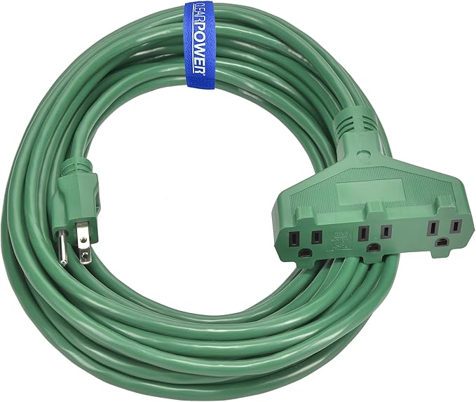 Clear Power 35 ft 3 Outlet Lawn & Garden Outdoor Extension Cord 16/3 SJTW, Green, Water & Weather Resistant, Flame Retardant, 3 Prong Grounded Plug, CP10194