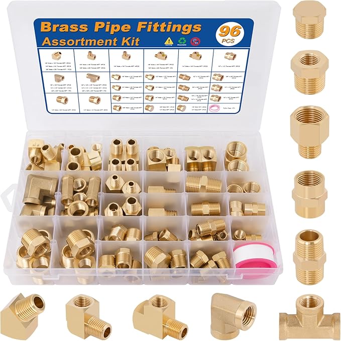 KOOTANS 96PCS Brass Pipe Fittings Assortment Kit - NPT Adapter, Reducer Bushing, Hex Nipple, Coupling, Head Plug, 45 & 90 Degree Barstock Street Elbow, Tee Fittings Kit