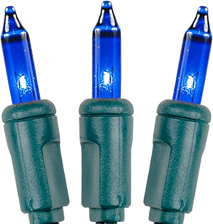 Novelty Lights 11 Feet 50 Bulbs Traditional Incandescent Mini Lights, Blue on Green Wire with 2.5" Spacing, Commercial Grade and UL Listed for Indoor/Outdoor Use, End-to-End Connectable