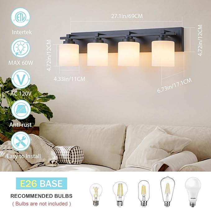 4 Light Modern Bathroom Light Fixtures Over Mirror, Black Vanity Lights for Bathroom Wall Sconces with Milky White Glass Shades, E26 Socket (Bulbs Not Included)