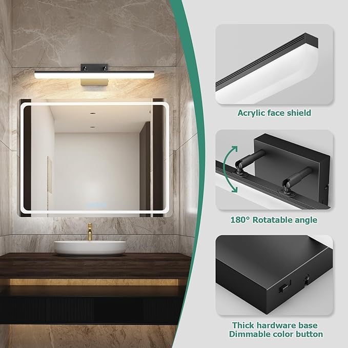 Black Vanity Light 24", 18W LED Bathroom Light Bar with 5CCT, Adjustable Angle & ETL Dimmable Driver – Modern Bathroom Vanity Light Fixture for Mirror, Powder Room, Bedroom, Apartment, Hotel