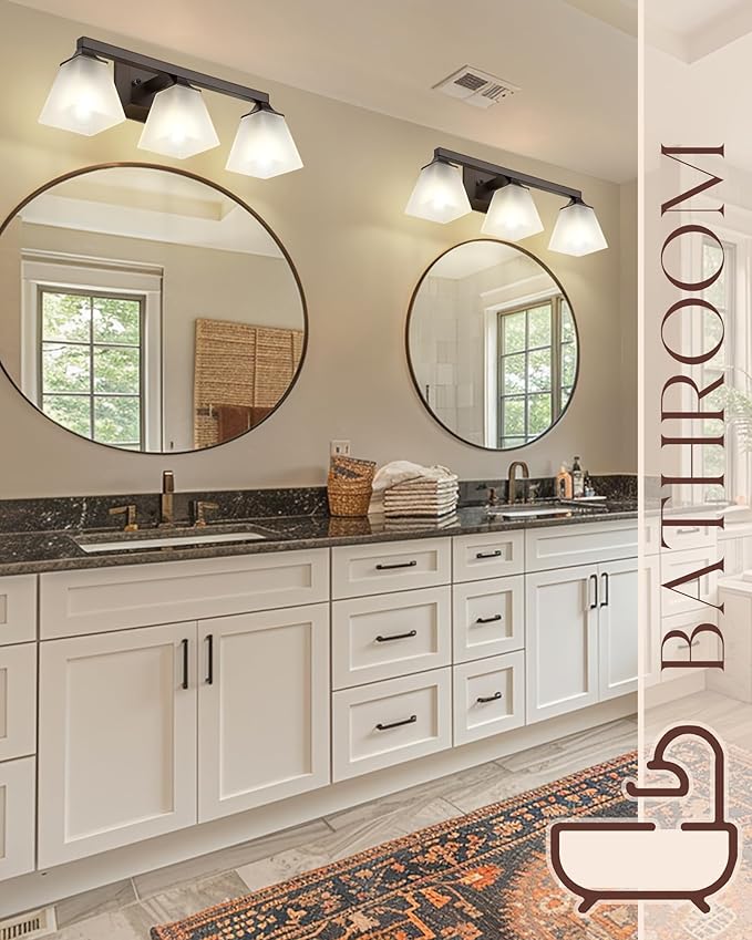 Bathroom Lighting Fixtures, HWH 3-Light Vanity Light Fixture Over Mirror, Farmhouse Wall Sconce Lighting with Frosted White Square Bell Glass, Oil-Rubbed Bronze Finish, 5HY68BG1-3W ORB