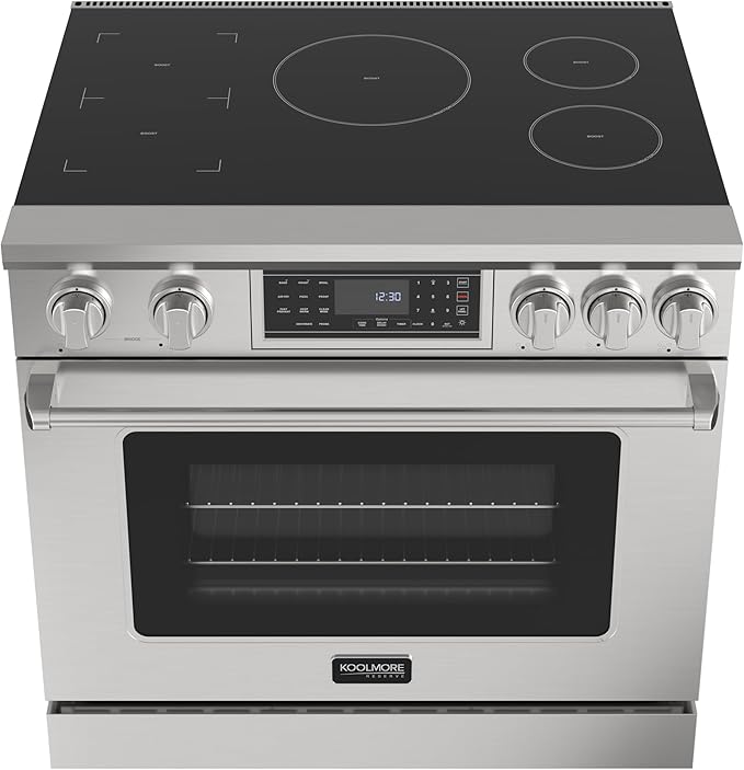 KoolMore 36 in. Professional Induction Oven Range with 11 Kw, Polished Glass Ceramic Cooktop, 7.8 Kw True Convection Oven, 6 Cu. Ft. Capacity, 240 Volts, CSA Certified in Stainless-Steel
