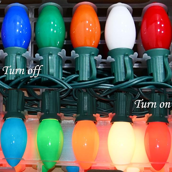 SUNSGNE 25 Pack C9 Multicolor Christmas Light Bulbs, C9 Ceramic Multicolor Incandescent Replacement Bulbs for Outdoor Vintage Christmas String Light, E17/C9 Intermediate Base- 7 Watts