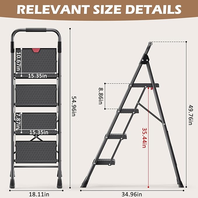KINGRACK Step Ladder, Portable Folding Step Stool with Anti-Slip Wide Pedals, Heavy Sturdy Steel with Handrail, Safe-Lock Design, 800lbs Load Capacity, for Home and Kitchen, Black (4 Step Ladder)