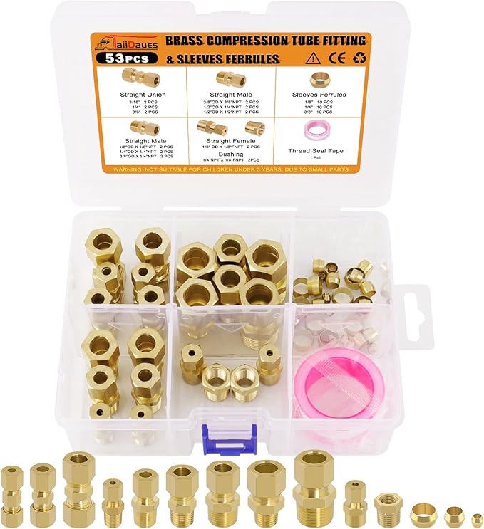 53 Pcs Brass Compression Fittings Assortment Kit, 1/8" 3/16" 1/4" 3/8" 1/2" OD Tube & NPT Thread Compression Union Fittings Connectors & Compression Sleeves Ferrules