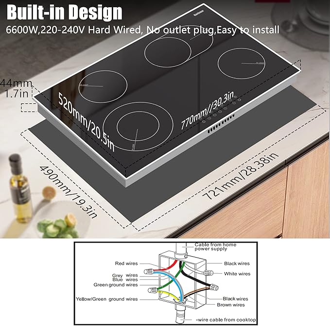 Karinear 30 Inch Electric Cooktop 4 Burners, Built-in Electric Stove top with Glass Protection Metal Frame, Expandable Burners, Multi-function Ceramic Cooktop, 220-240v Hard Wire, No Plug