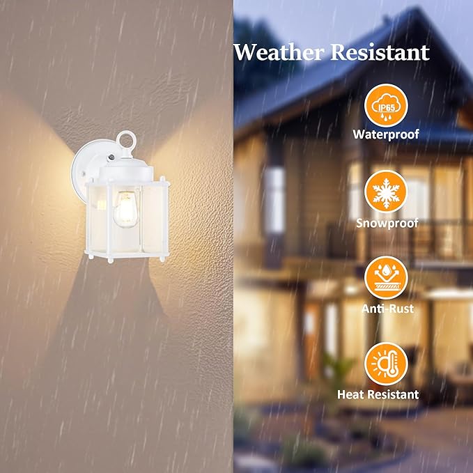 GRUENLICH Dusk to Dawn Outdoor Wall Lantern, Exterior Wall Sconce Light Fixture, Outside Porch Lighting with Clear Glass for House, Patio, White, 2 Pack