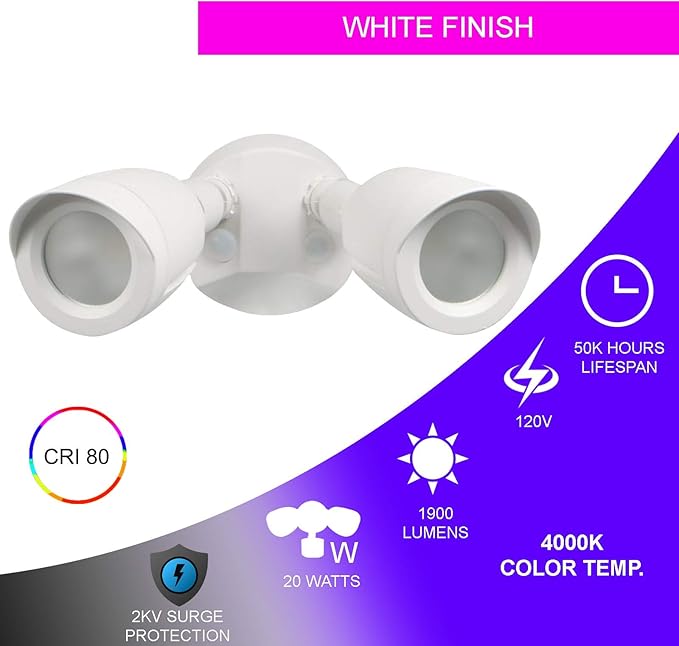 Ciata Flood Lights Outdoor, 20-Watt LED Bullet Head Security Flood Lights, Dual Head, RoHS and FCC Complaint, IP65 Rated, 1900 Lumens, 2KV Surge Protection, Die-Cast Aluminum in White Finish – 4000K