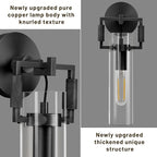 Black Indoor Wall Sconces Set of Two, 15'' knurled Brass Cylinder Sconces, Modern Clear Glass Bathroom Vanity Light, for Living Room, Bedrooms, Hallway, Fireplace, Staircases, Include Bulb