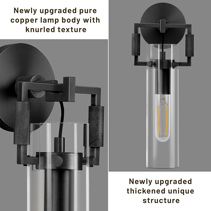Black Indoor Wall Sconces Set of Two, 15'' knurled Brass Cylinder Sconces, Modern Clear Glass Bathroom Vanity Light, for Living Room, Bedrooms, Hallway, Fireplace, Staircases, Include Bulb