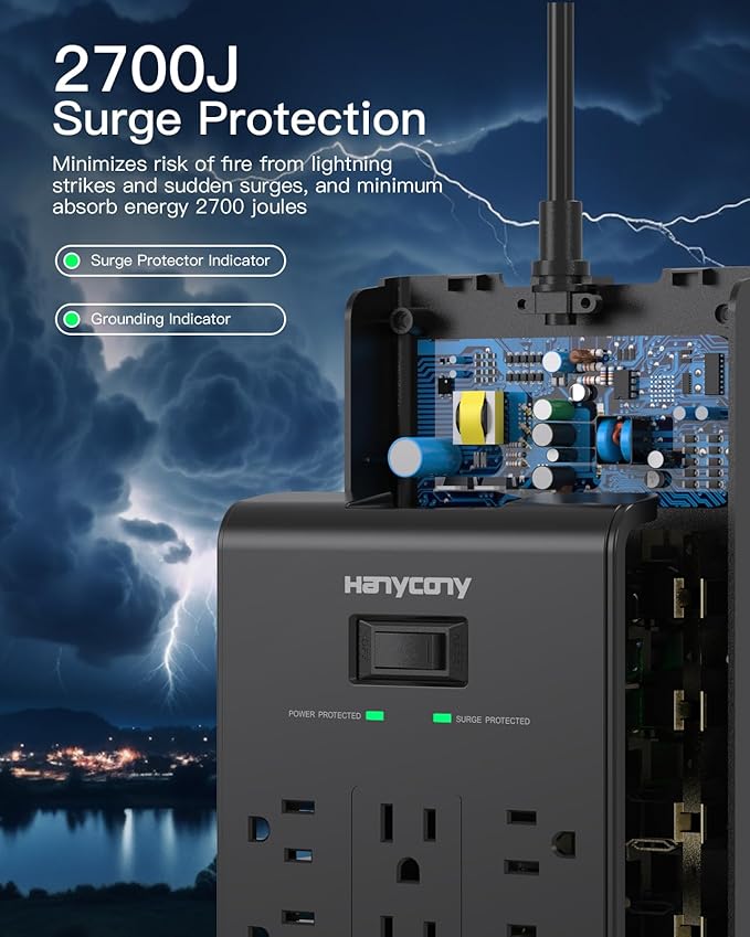 Surge Protector Power Strip, HANYCONY 5 Ft Flat Plug Heavy Duty Extension Cord with 16 Outlets 4 USB Ports(2 USB C), 2700 Joules, Wall Mount for Home Office, ETL Listed, Black