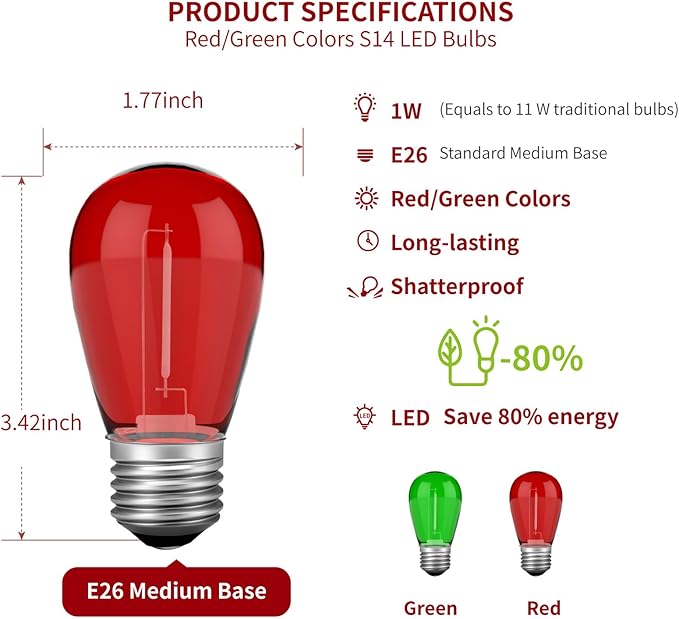 Red Green S14 Christmas Light Bulbs, 1 Watt Plastic Shatterproof LED Replacement Bulbs for Indoor Outdoor Patio String Light, E26 Medium Base, 15 Pack