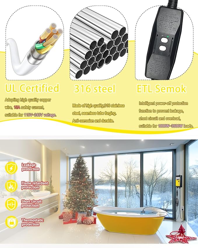 1800W Pool Heater - Bathtub Water Heater for Hot Tub - Submersible Baptistry Heaters for Baptismal Stock Tank Pool, Portable Immersion Water Heaters for Inflatable Pool Heaters for Above Ground Pool