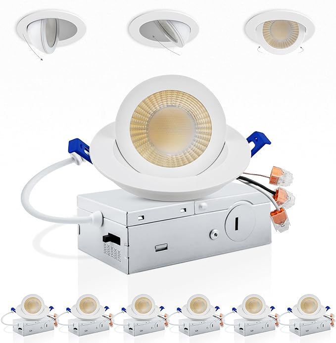 Adetu 3 Inch 5CCT Gimbal Led Recessed Lighting with Junction Box, 2700K/3000K/3500K/4000K/5000K Selectable, 7W Eqv 80W, 360°+90° Adjustable Recessed Lights, 800LM Brightness - ETL (White, 6 Pack)