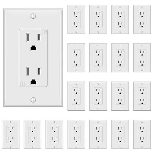 Decorator Receptacle Outlet,Wall Outlet with Wall Plate, Tamper-Resistant Electrical Outlet, Residential Grade, 3-Wire, 15A 125V, Self-Grounding, 2-Pole, UL Listed, White (20 Pack)