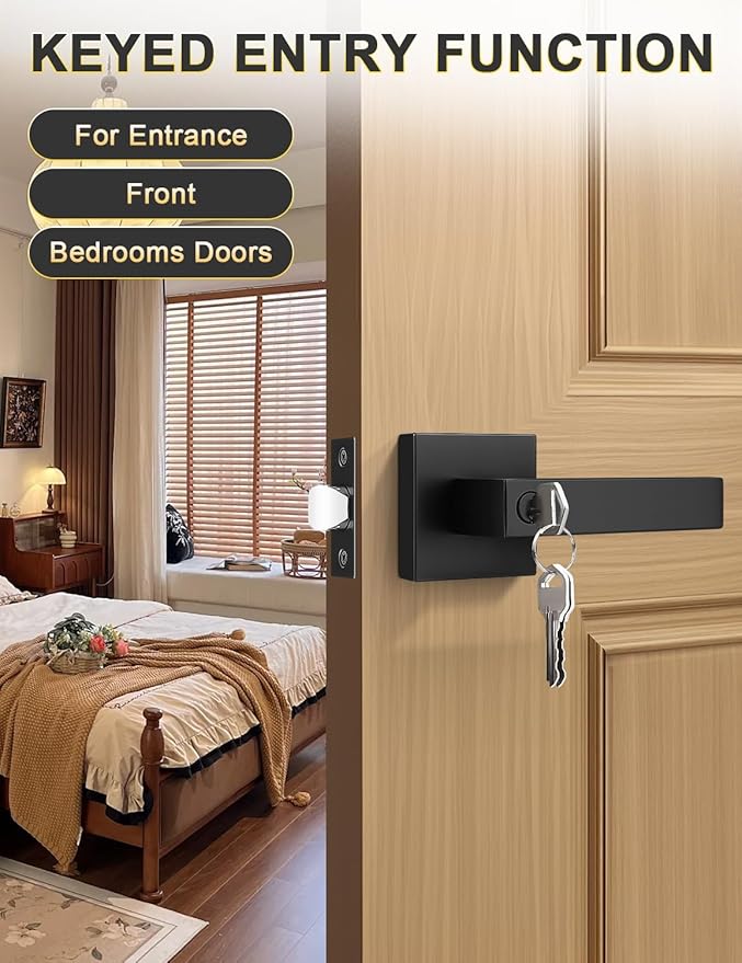 6 Pack Entry Door Levers with Lock and Key, Matte Black Keyed Alike Lockset Combo Pack, Entrance Door Handles for Office and Front Door, Door Knobs Lockset (Each with 3 Keys)