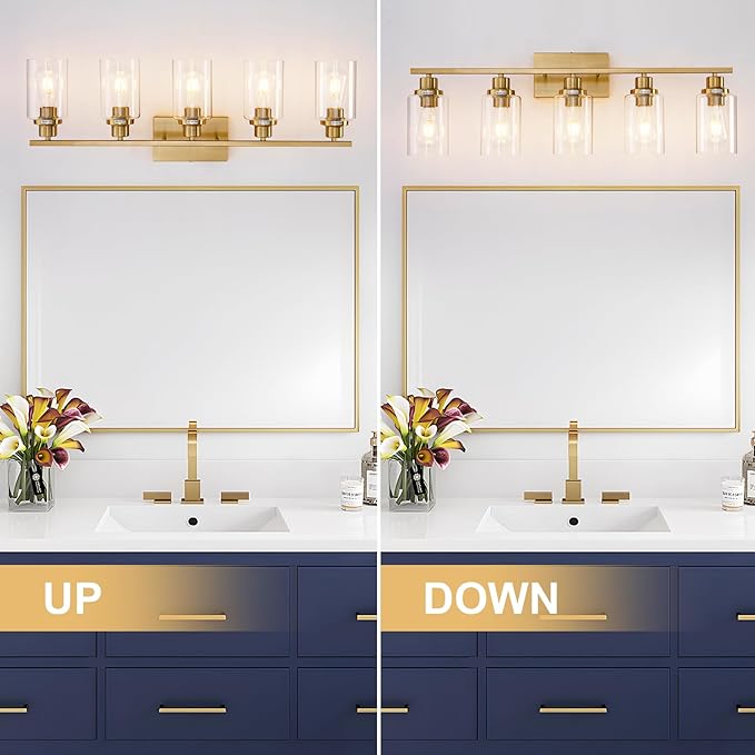 5 Light Gold Bathroom Light Fixtures Brushed Brass Vanity Light Over Mirror Modern Wall Lighting Sconces Wall Lamp for Bathroom, Bedroom, Living Room E26 Socket with Glass Shade