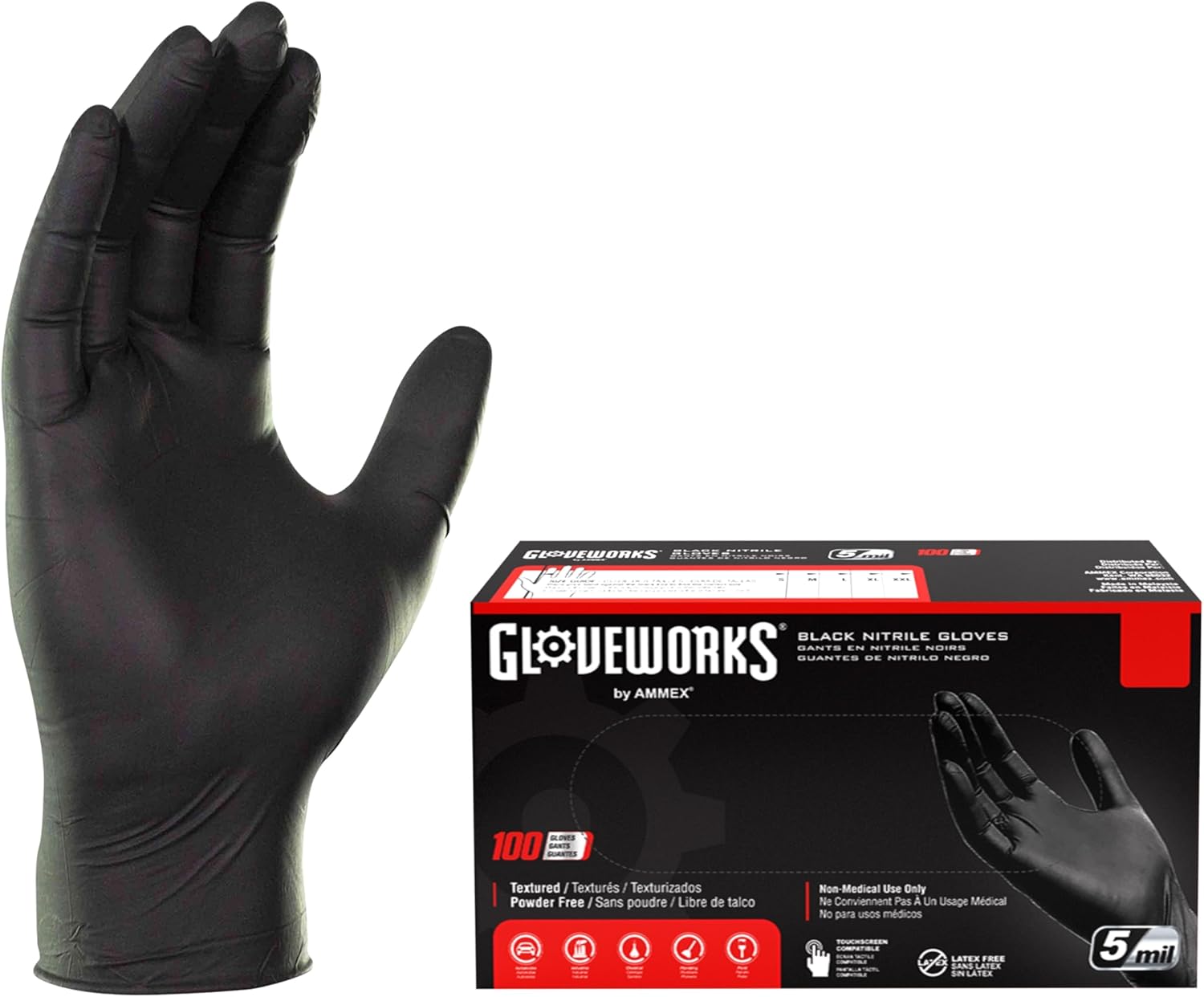 GLOVEWORKS Black Nitrile Gloves Disposable Latex Free, 5 Mil Industrial, For Mechanic, Cleaning, Cooking, Kitchen, Food Grade