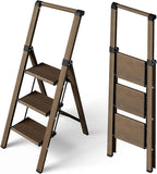 Taranta 3 Step Ladder, Portable Folding Ladder with Wide Pedal, Lightweight Aluminum Step Stool with Convenient Handgrip, 330 lbs Capacity Stepladder for Home, Office - Walnut