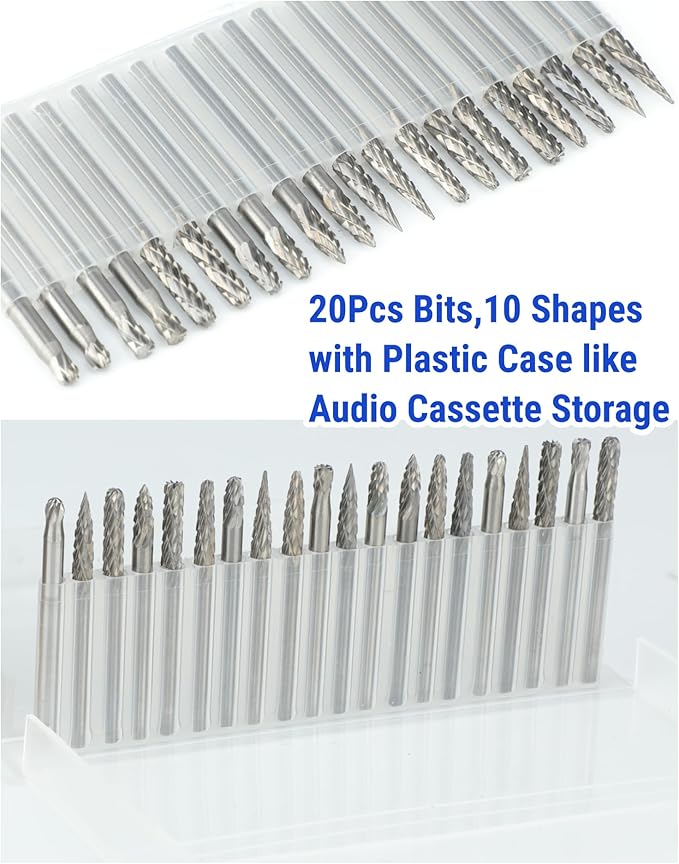 20 Pcs Carbide Burr Set 1/8" Shank Compatible with Dremel Bits Rotary Tools Attachment Kit Rasp Drill File Accessories Metal Wood Stone Steel Grinding Carving Cutting Polishing Solid Tungsten