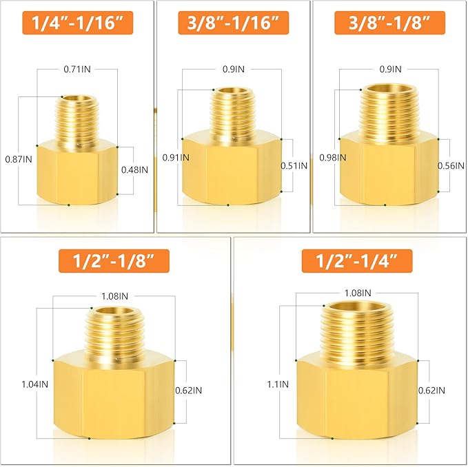 GASHER 10PCS Brass Reducer Pipe Fitting, Reducer Adapter Kit, 1/4 x 1/8, 3/8 x 1/8, 3/8 x 1/4, 1/2 x 1/4, 1/2 x 3/8