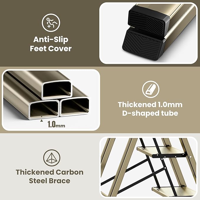 GameGem 3 Step Ladder, Aluminum Folding Step Stool with Anti-Slip Sturdy and Wide Pedal, Lightweight Portable Stepladder for Home and Kitchen Use Space Saving, 330 lbs, Champagne Gold