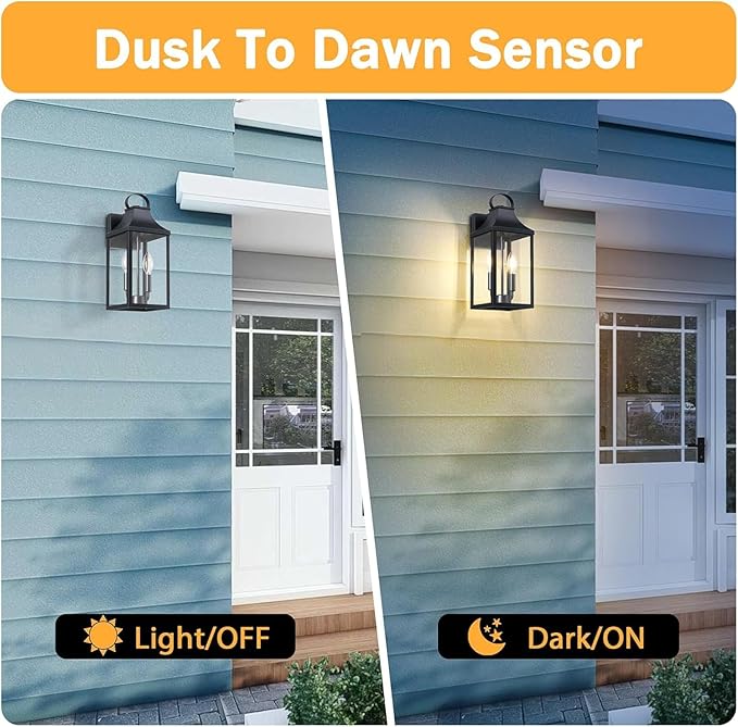 15" Dusk to Dawn Black Outdoor Wall Lantern 2-Light, Outside Modern Wall Sconce Light Fixture, Industrial Porch Light with E12 Sockets, Waterproof Exterior Lamp Lighting, Black