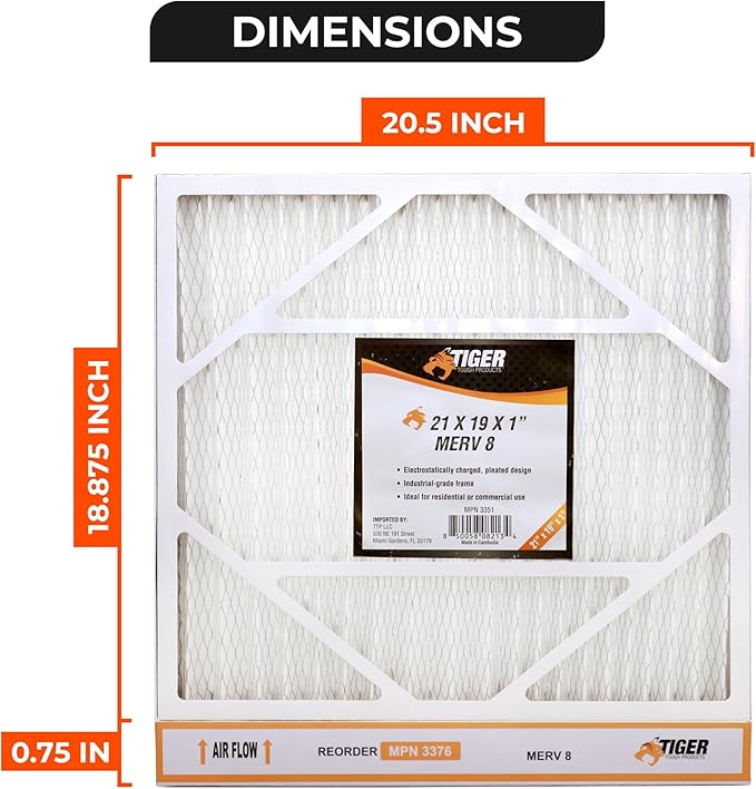 Tiger Tough 21x19x1 MERV 8 MPR 600-800 Air Filter, High-Performance AC Furnace & HVAC Filter, 6-Pack