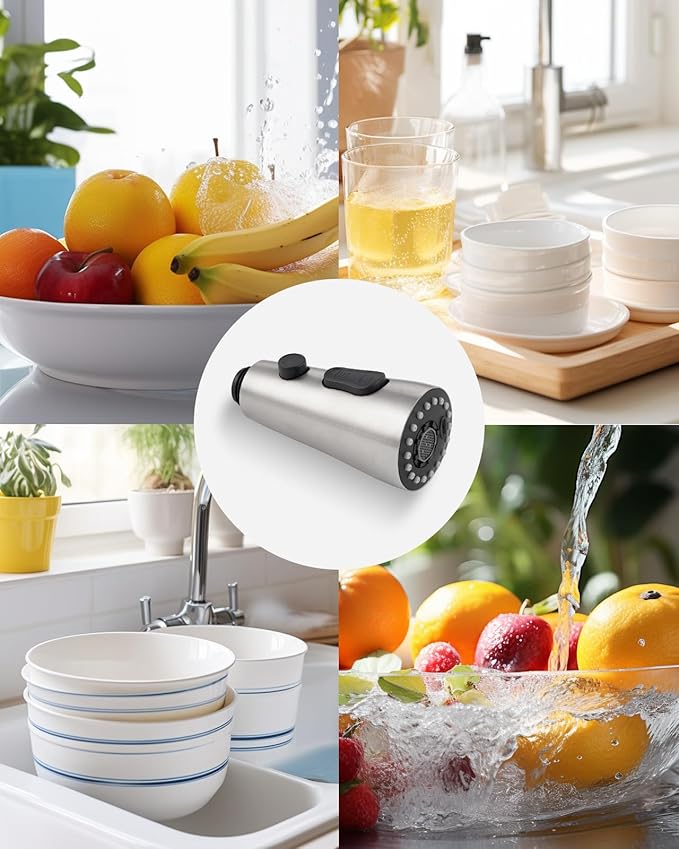 Hibbent Stainless Steel Pull Down Spray Head Replacement with 15 Adapters, NSF/ANSI/CAN 61 & CUPC Certified 3-Function Kitchen Faucet Nozzle, Compatible with Moen, Delta, Kohler Faucet, Brushed Nickel