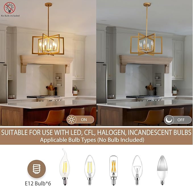 Gold Chandelier Modern Geometric 6-Light, Farmhouse Dining Room Light Fixture Over Table Kitchen Island Lighting Fixtures Metal Hanging Pendant Lighting, E12
