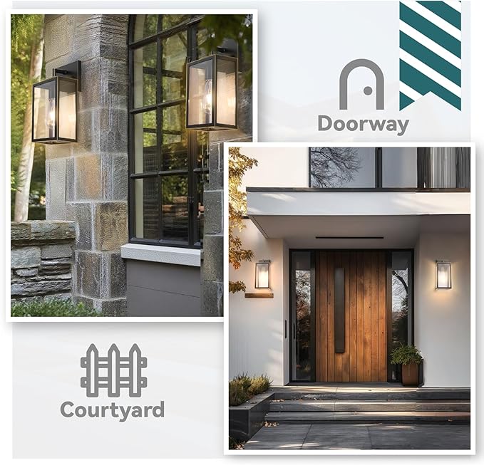 Outdoor Wall Light Fixture, Black Exterior Lantern with Clear Tempered Glass for Front Porch, Gold Trim Design, 2-Pack, E26 Base, Lanterns for Lighting, Lights for Wall mounting