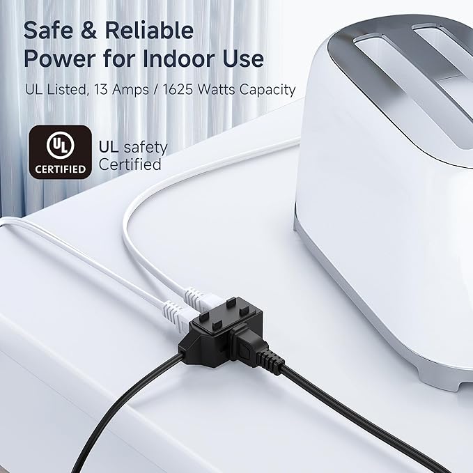 [UL Listed] Cable Matters 2-Pack 16 AWG 2 Prong Short Extension Cord 3 ft, 13A 3-Outlet Extension Cords with Tamper Guard, 13 Amp, 1625 Watts, Black