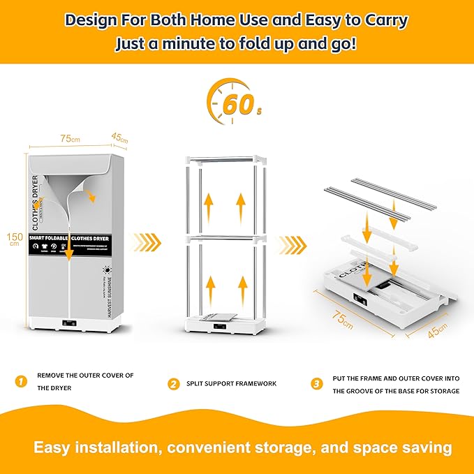 Clothes Dryer, Portable Foldable Drying Machine with Timer, Easy Carry Laundry Drying Wardrobe with Large Capacity, Electric Dryer/Rack for Home | Appartments | RV (Grey DF1)