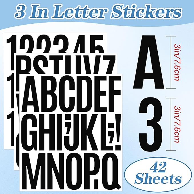 910 PCS 42 Sheets Letter Stickers Large Mailbox Numbers and Letters Self Adhesive Vinyl Waterproof Custom Alphabet Number Stickers for Mailbox Address, DIY Crafts, Door, Windows Decor (3 Inch,Black)
