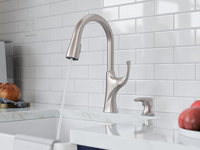 Pfister Miri 2.0 Kitchen Faucet with Pull Down Sprayer and Soap Dispenser, Single Handle, High Arc, NSF Certified, Spot Defense Stainless Steel Finish, F5297MRRGS
