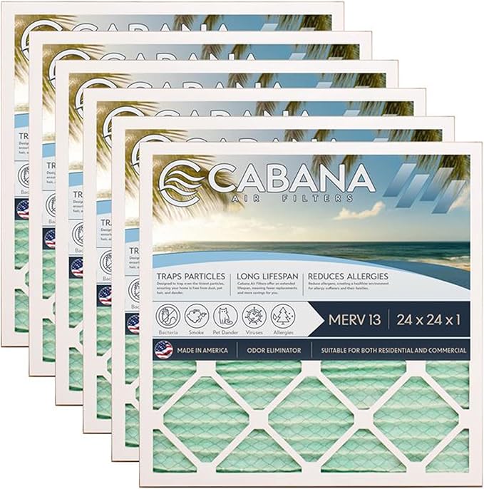 Cabana Filters 6-Pack 24x24x1 MERV 13 AC Furnace Air Filter for Home and Office - Indoor HVAC System Filtration Replacement, Captures Unwanted Particles
