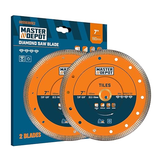 7 Inch Ultra-Thin Turbo Mesh Diamond Blade for Cutting Porcelain, Ceramic, Marble, Granite, 2 Pack for Handheld Saws and Angle Grinders, Dry and Wet Use, 7/8"-5/8" Arbor