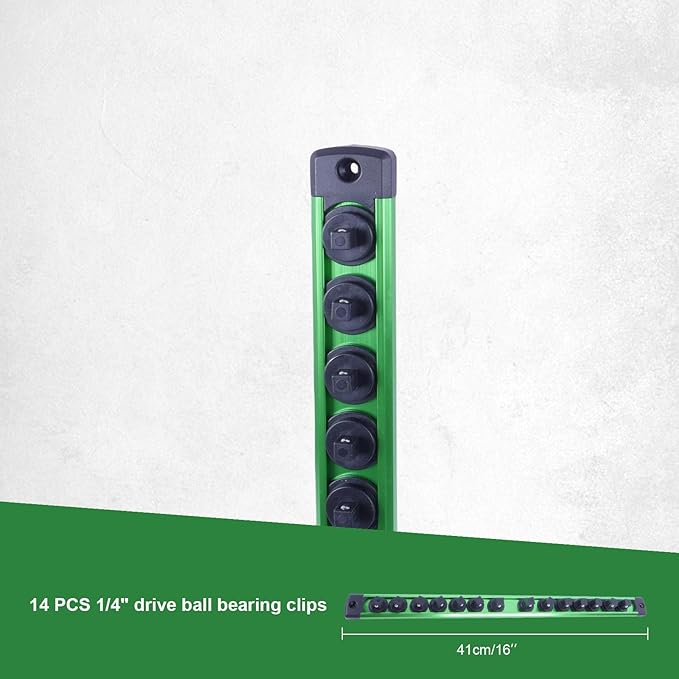 Magnetic Socket Holder Organizer Set:1/4-Inch Drive Socket Trays Socket, 360° Swivel 14 Clips Socket Holder Kit, For Automotive Mechanic Garage (Green)