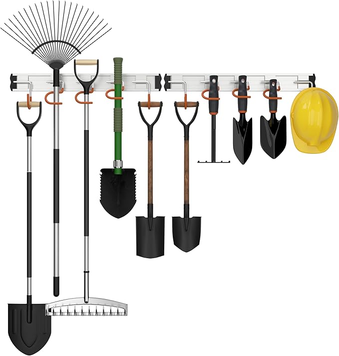 34.5'' Aluminum Alloy Garden Tool Organizer Wall Mount Garage Organizers and Storage with Hooks Tool Hangers for Shed Hooks for Shovel, Rake, Broom & More
