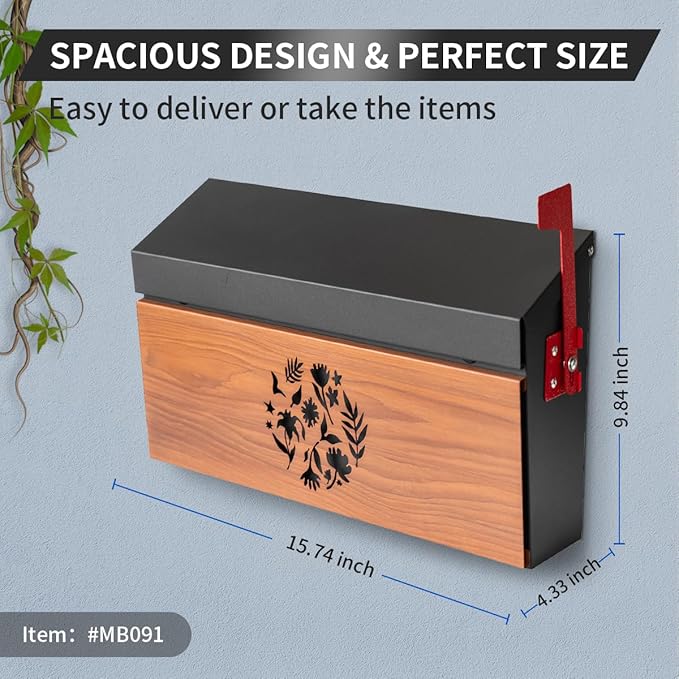 Wall Mount Mailbox, Large Capacity Mailbox for House Outside with Flag Kit Galvanized Steel Rust-Proof Metal Post Drop Box, 15.74"×9.84"×4.33" Flower Hollowed Wooden Patterned Metal Sheet