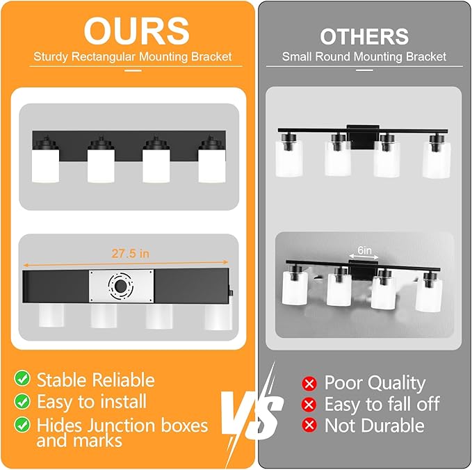 IZORRO Bathroom Vanity Light Fixture, 4-Light 27.5 Inch Matte Black Bathroom Light Fixtures Over Mirror, with White Glass Shade, Modern Farmhouse Vanity Lights, Rustic Restroom Lighting Fixtures