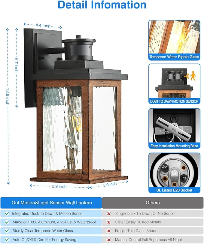 VIANIS 2 Packs Dusk to Dawn Outdoor Lighting for House, Wood Grain Motion Sensor Outdoor Lights Fixture, Garage Light Sconce Wall Mount, Lantern with Waterproof, Anti-Rust 100%, Weather Resistant