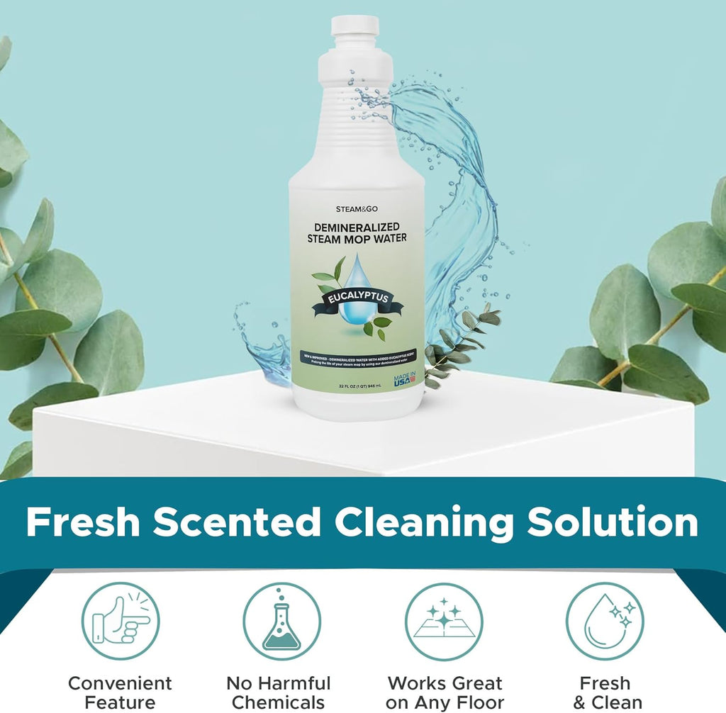 Steam & Go - Demineralized Water for Steam Cleaner, PVC-Free Floor Cleaner Liquid Compatible With Any Steam Mop, Ready-to-Use Multisurface Cleaner, Scented Mop Solution, Eucalyptus Mint, 32 oz