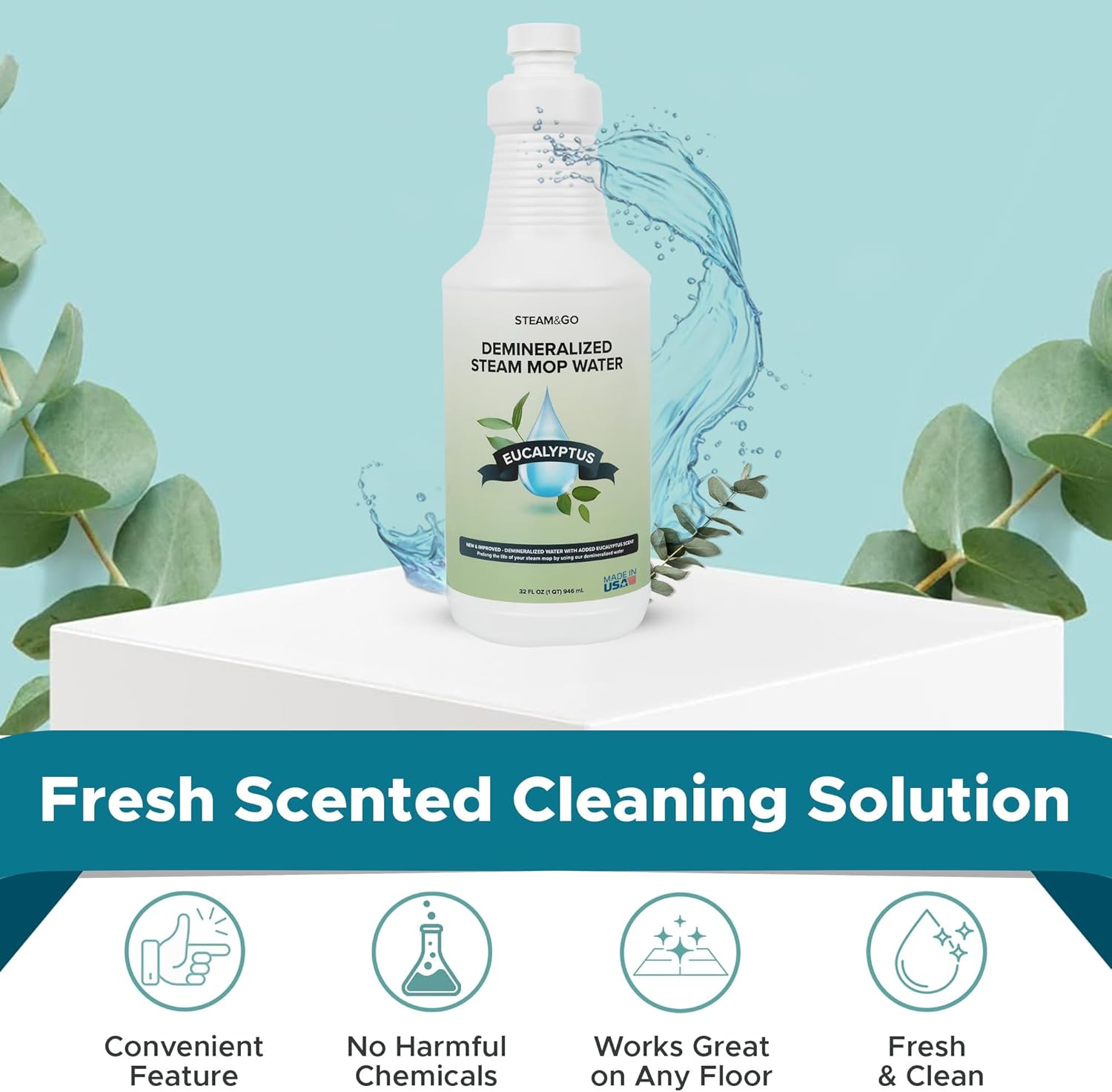 Steam & Go - Demineralized Water for Steam Cleaner, PVC-Free Floor Cleaner Liquid Compatible With Any Steam Mop, Ready-to-Use Multisurface Cleaner, Scented Mop Solution, Eucalyptus Mint, 32 oz