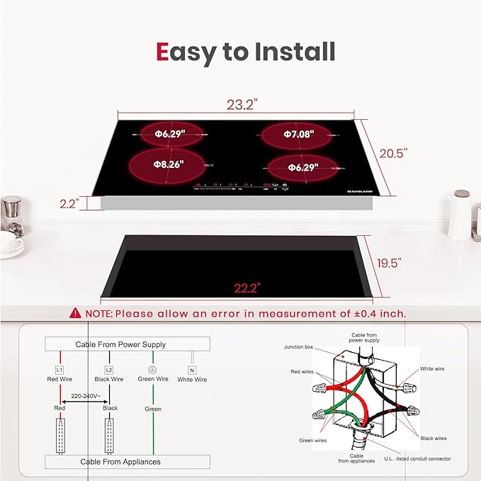 GASLAND 4 Burners Induction Cooktop 24 Inch,7200W Built-in Induction Stovetop with Booster and Timer, 240V Electric Hob, 9 Power Levels, Slide Touch Control, Child Safety Lock, Hard Wire