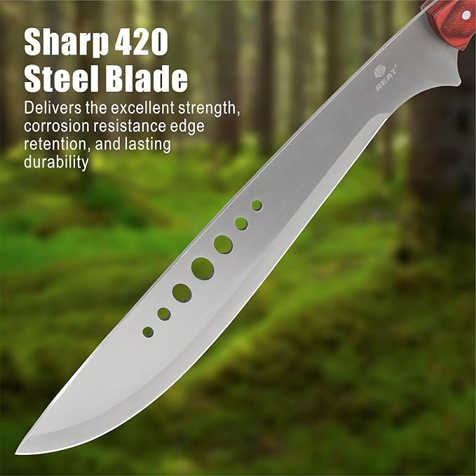 REAT Machete Heavy Duty with Leather Sheath,19-inch Full Tang 420 Stainless Steel Blade with Wood Handle,Machetes for Yard Work, Cutting Trees,Camping,Hunting